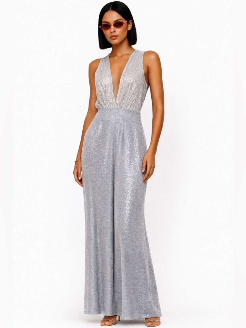 Silver Sequin Maxi Dress with Plunging V-Neck